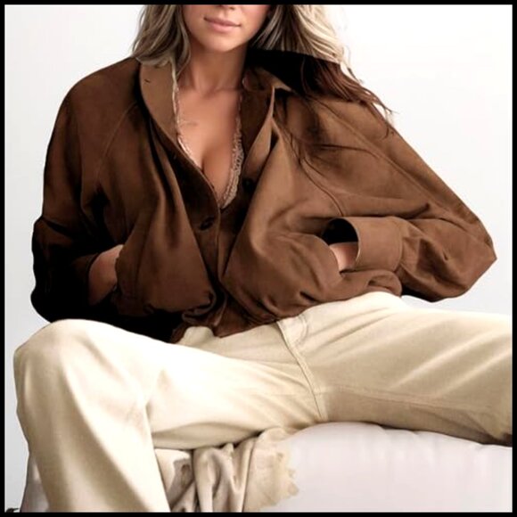 Oversized Faux Suede Bomber Jacket Gathered Hem Short Length Button Closure - Picture 3 of 7